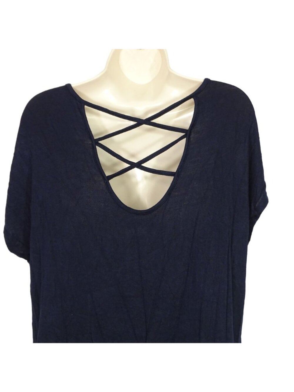 Lavish Blue Multicolor Leaf Print Top Women Size L Crisscross Back Detail - Picture 4 of 6